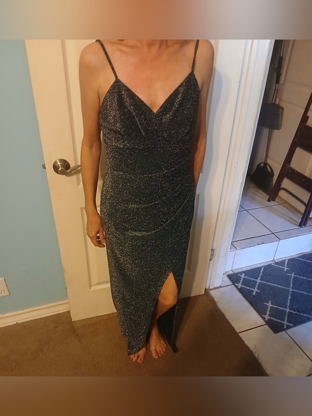 Sparkle Green Slit Slip Dress - Women's Evening Dress
